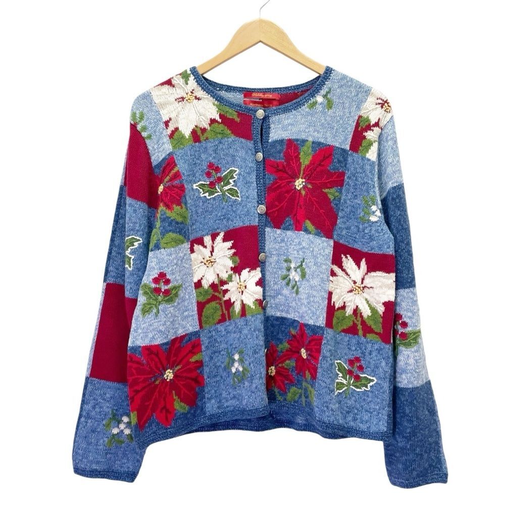 NWT Vintage Northern Isles Christmas Poinsettia Patchwork Cardigan Size Large